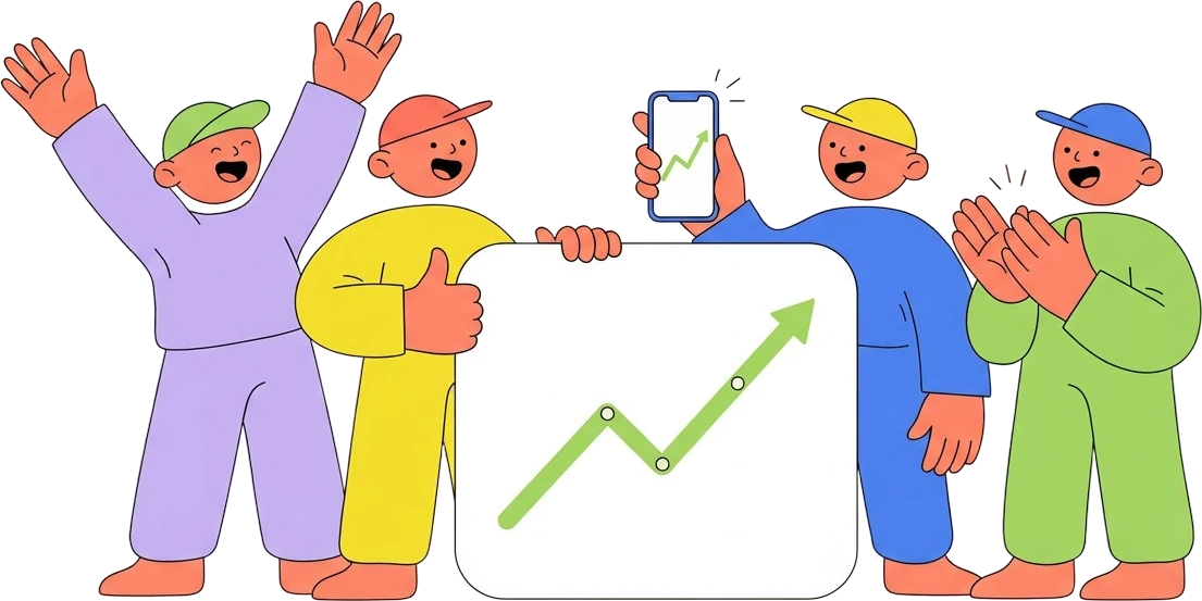 Four happy clients gathered around a screen showing a chart climbing, one waving, one giving a thumbs up, one holding up a phone, one applauding